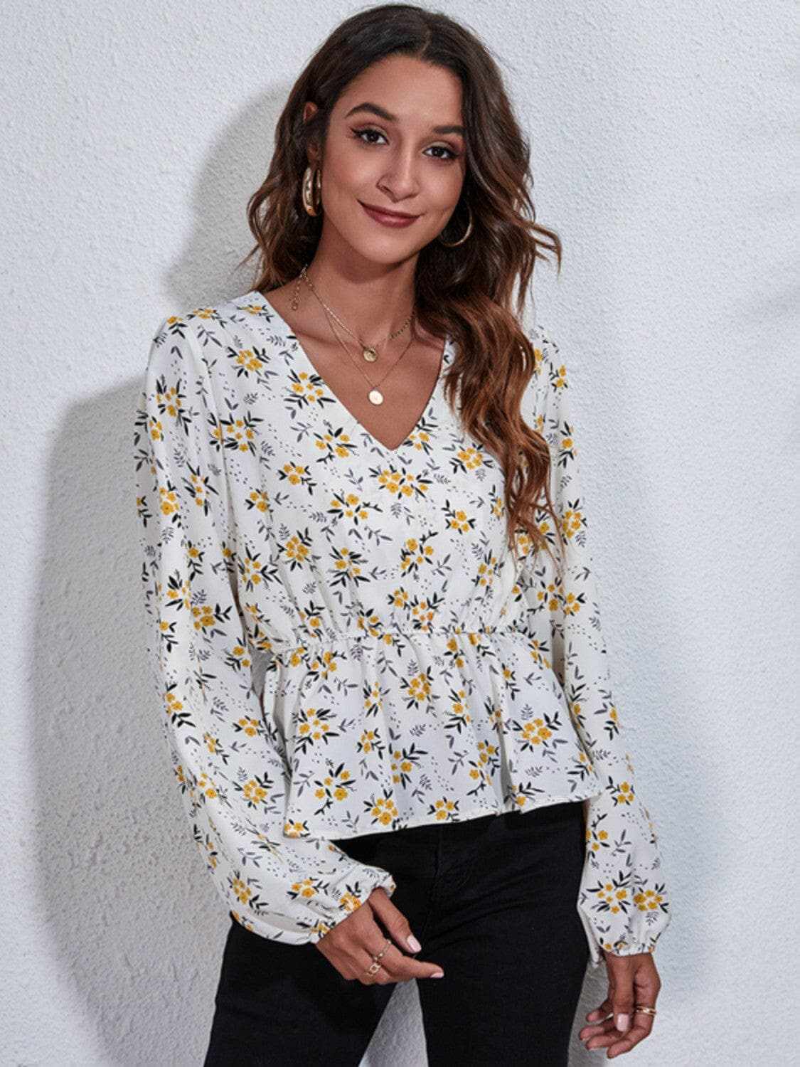 Floral peplum blouse with v-neck - Love Salve